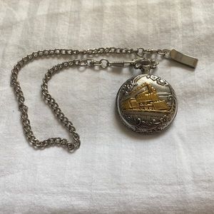 Locomotive train two tone stainless steel pocket watch. 16”stainless steel chain